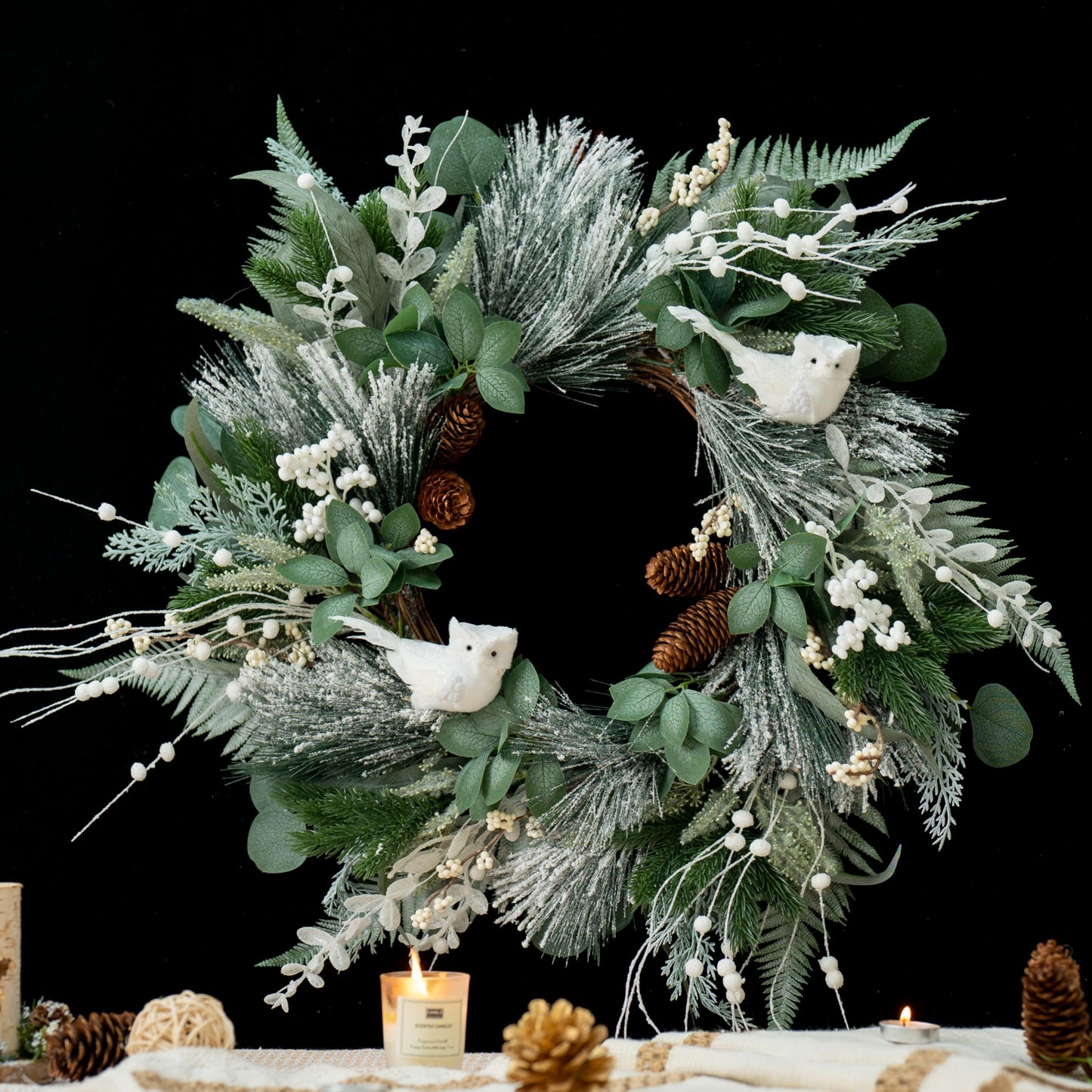 Pinkpuii Winter Wreaths for Front Door 24 Inch Snowy Flocked Christmas Wreath Artificial Green Olive Eucalyptus Wreath with Cute White Owl,Pine Cones,Cedar,White Berries for Indoor Outdor Decor