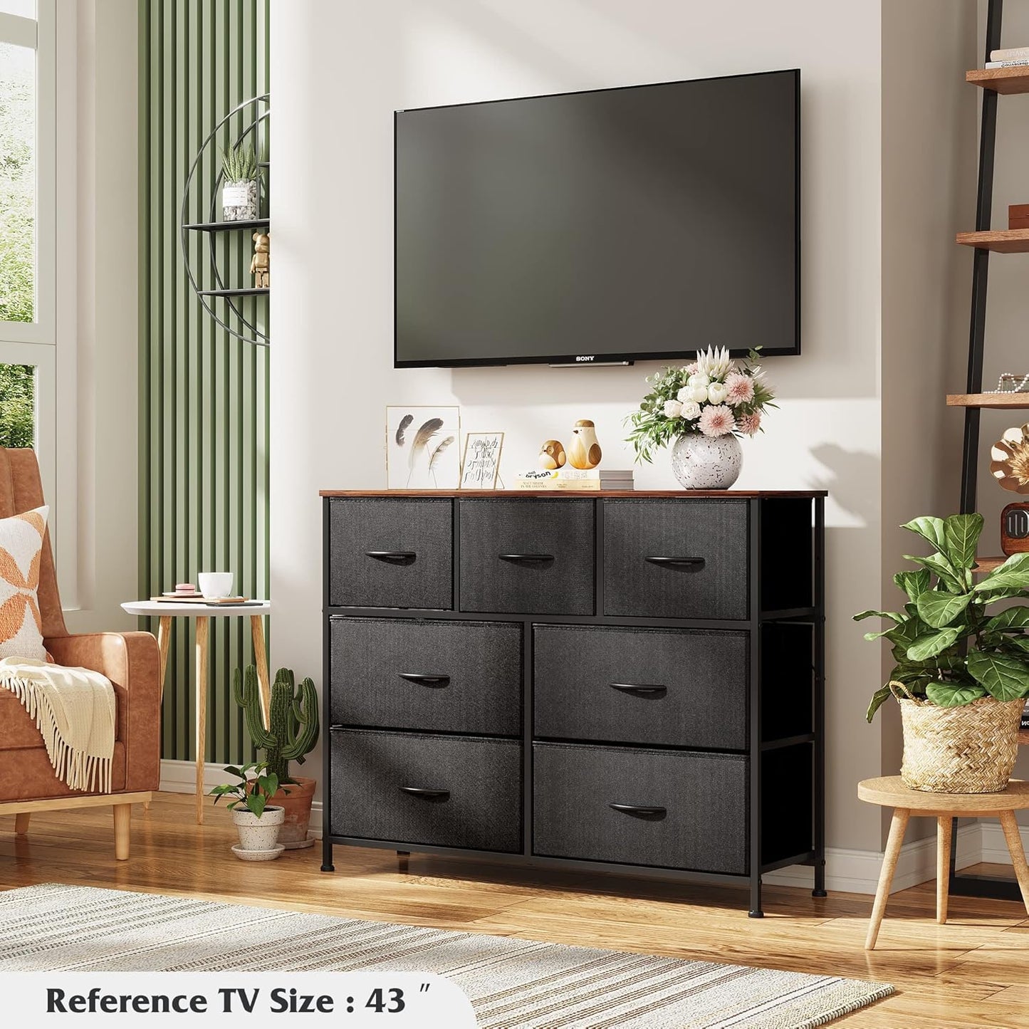 WLIVE 7 Drawer Dresser | Stylish TV Stand & Media Console for TVs Up to 45 Inches | Black & Rustic Brown