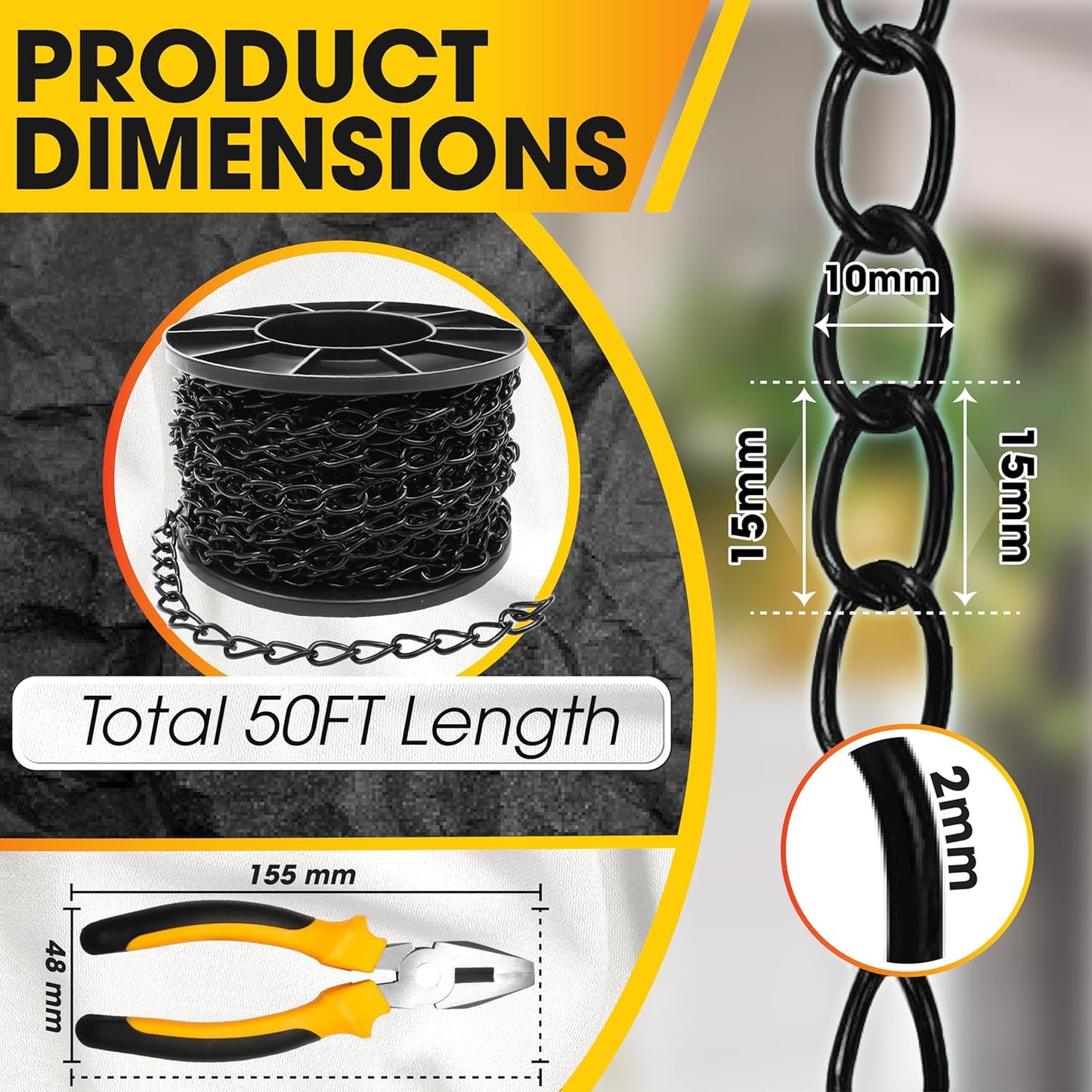 Skiennix 50FT Black Steel Hanging Chain - Durable, Rust-Resistant, 20LBS Capacity for Bird Feeders & Planters