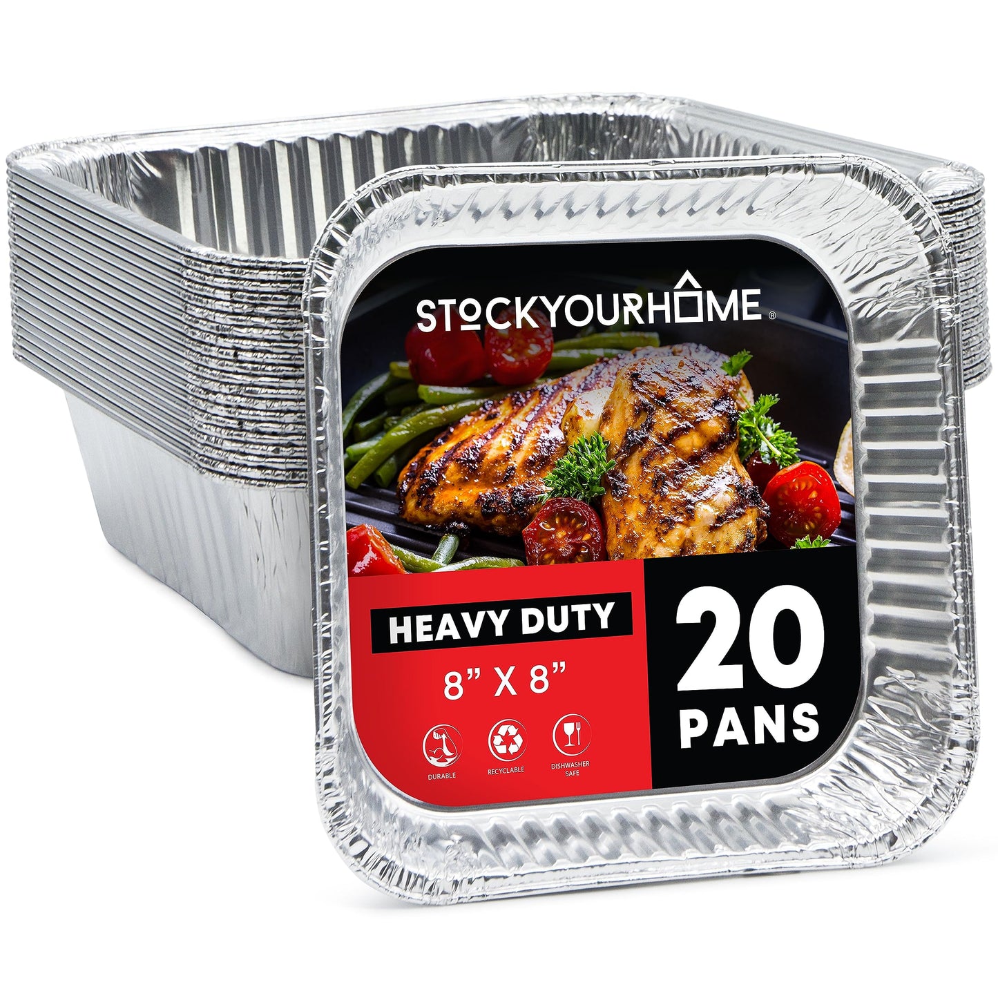 Stock Your Home Aluminum Pans 8x8 Disposable Foil Pans (20 Pack) - 8 Inch Square Pans - Tin Foil Pans Great for Cooking, Heating, Storing, Prepping Food