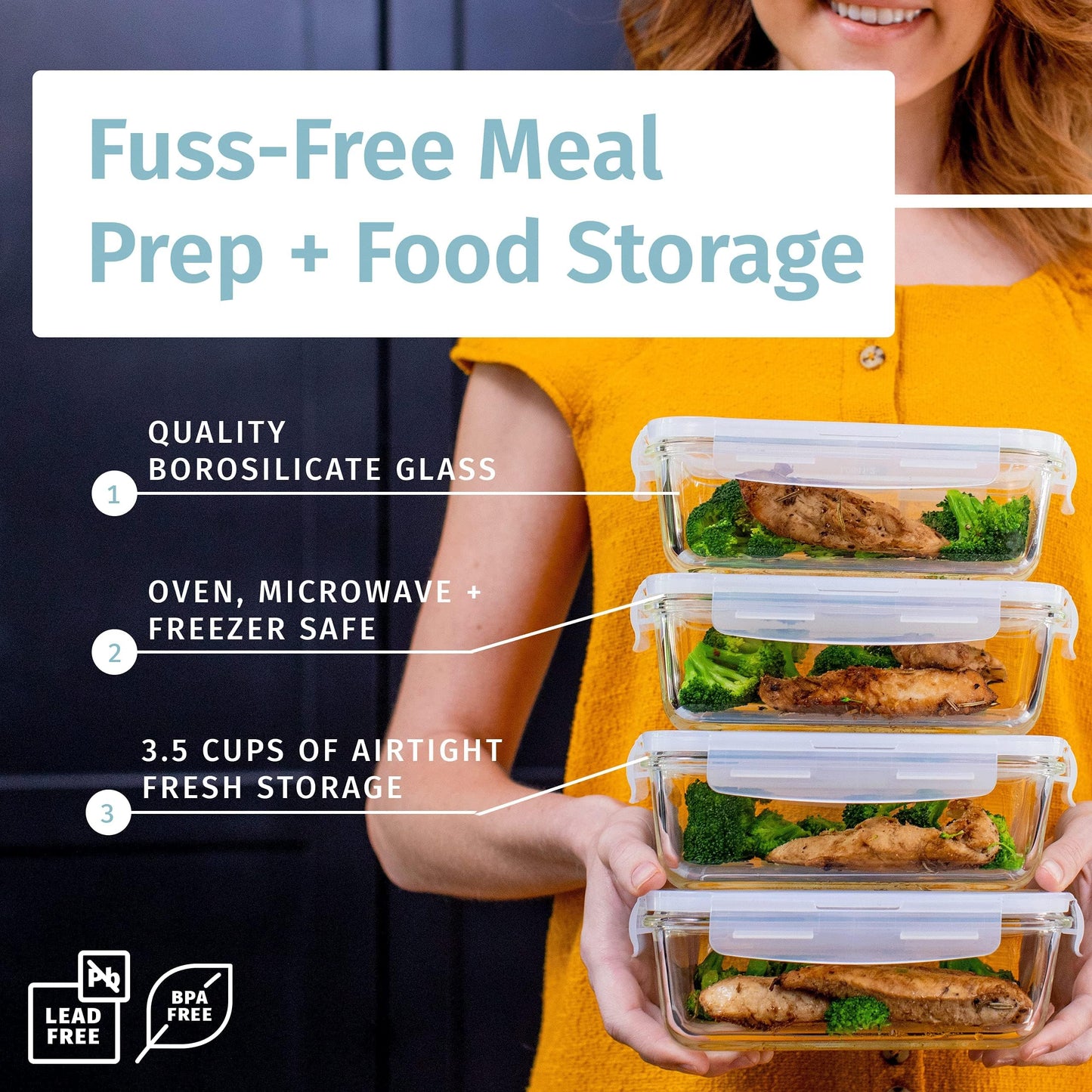 [4-Pack 28oz] Glass Food Storage Containers With Locking Lids - Meal Prep Containers - Lunch Bento Boxes - 1 Compartment - 4pk Box Set - Transparent Lids - BPA Free and Dishwasher Safe