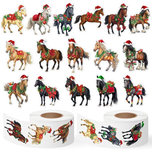 CNhoqc Christmas Horse Sticker Rolls - 1000Pcs Christmas Watercolor Horse Waterproof Vinyl Reusable Laptop Stickers Coloring Book Scrapbook Water Bottle Page Activity Pad Party Favors Kids Skateboard