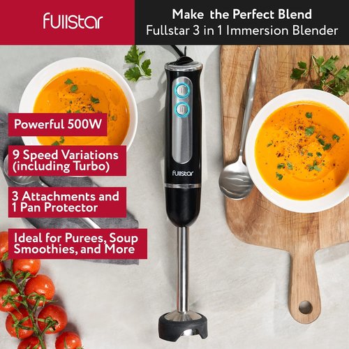 Fullstar Immersion Blender Set - 9-Speed 500W Handheld Electric Mixer for Smoothies | 3-in-1, Black