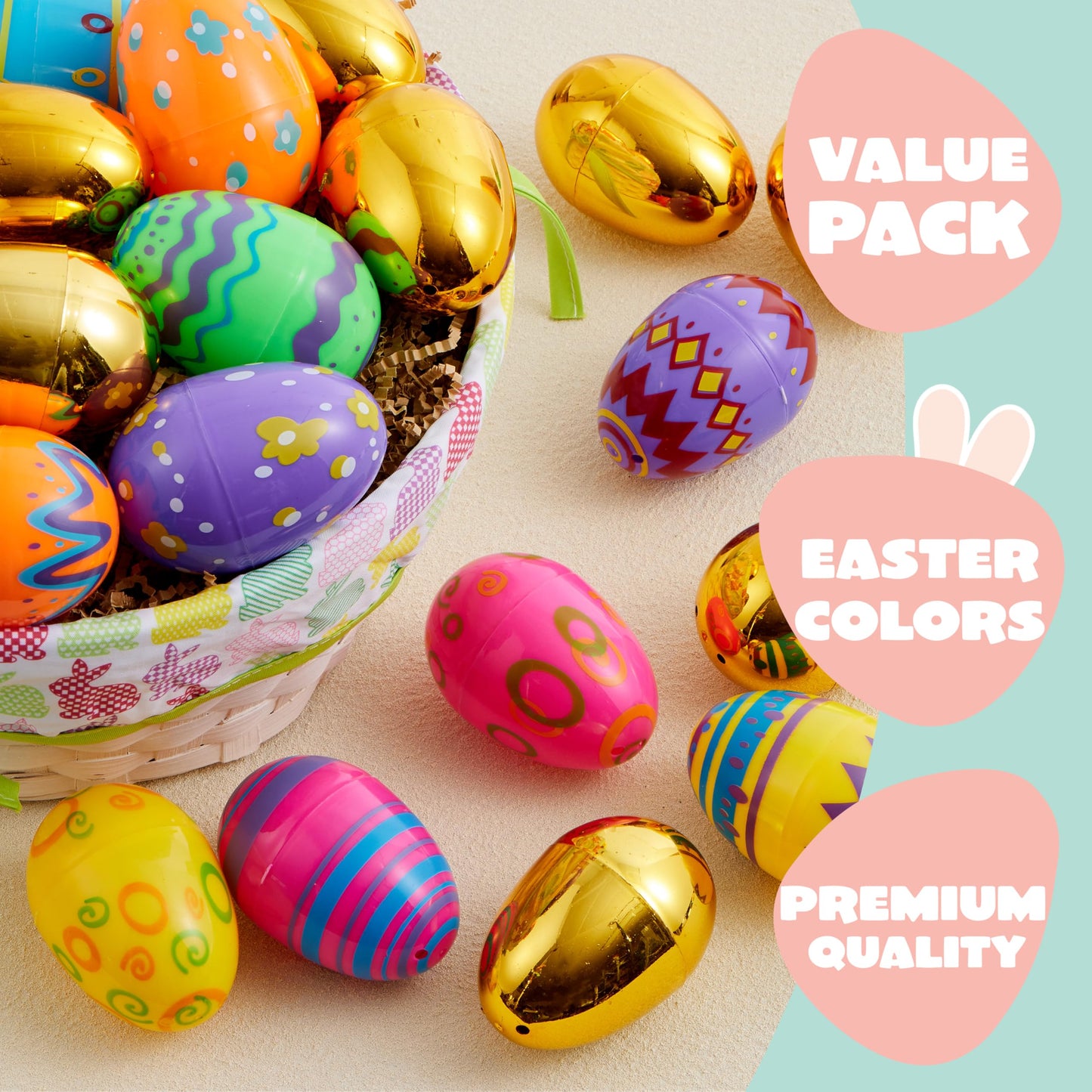 JOYIN 64 Pcs 3.15" Colorful Printed Eggs Include 8 Golden, Plastic Fillable Empty Eggs for Easter Hunt, Basket Stuffer Filler, Classroom Prize, Party Favors