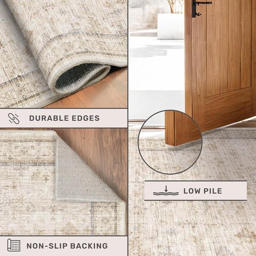 Beige Cream Runner Rug - 2x10 Long Non-Slip Geometric Floral Kitchen Mat | Washable & Soft