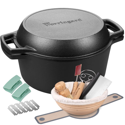 VORRINGARD Pre-seasoned Cast Iron Dutch Oven Pot with Skillet Lid, for Sourdough Bread Baking, Outdoor, Campfire, Camping Cookware, with Sourdough Bread Baking kit, 5qt