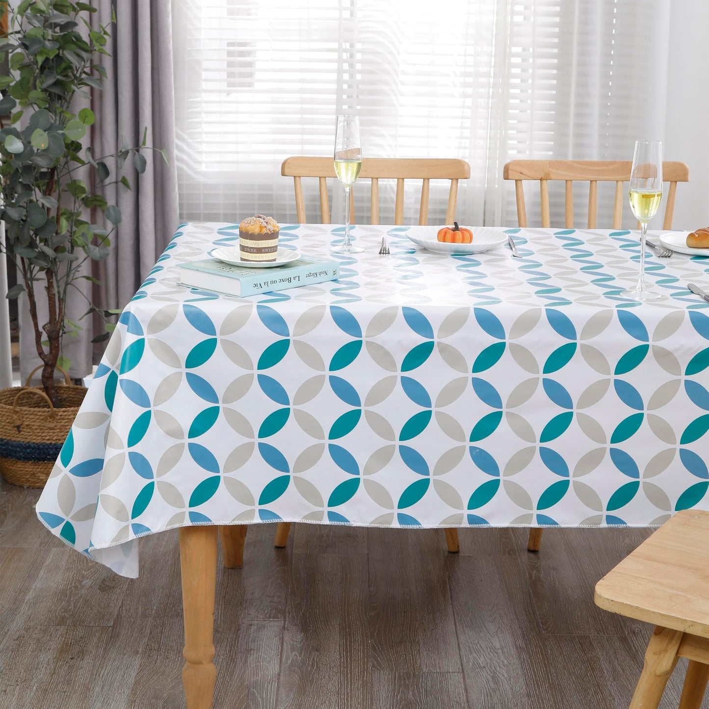 Walrus Heavy Duty Vinyl Tablecloth with Flannel Backing Waterproof Oil-Proof Plastic Table Cloth Stain-Resistant Wipeable Table Cover for Indoor and Outdoor (Geometric Leaf,52x70 Inch)