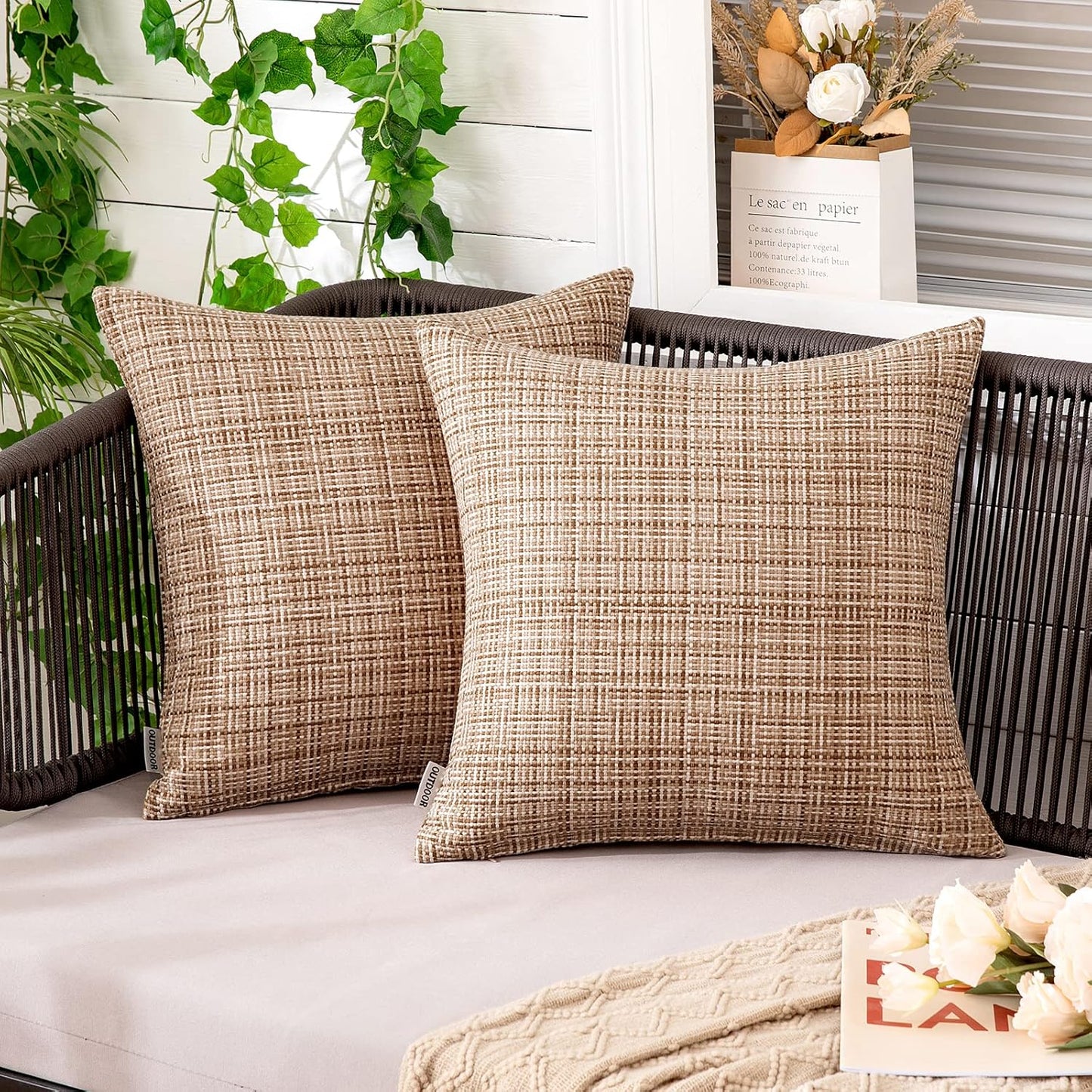 MIULEE Outdoor Waterproof Throw Pillow Covers - Decorative Farmhouse Cushion Covers | Pack of 2, 18x18 Inch Beige