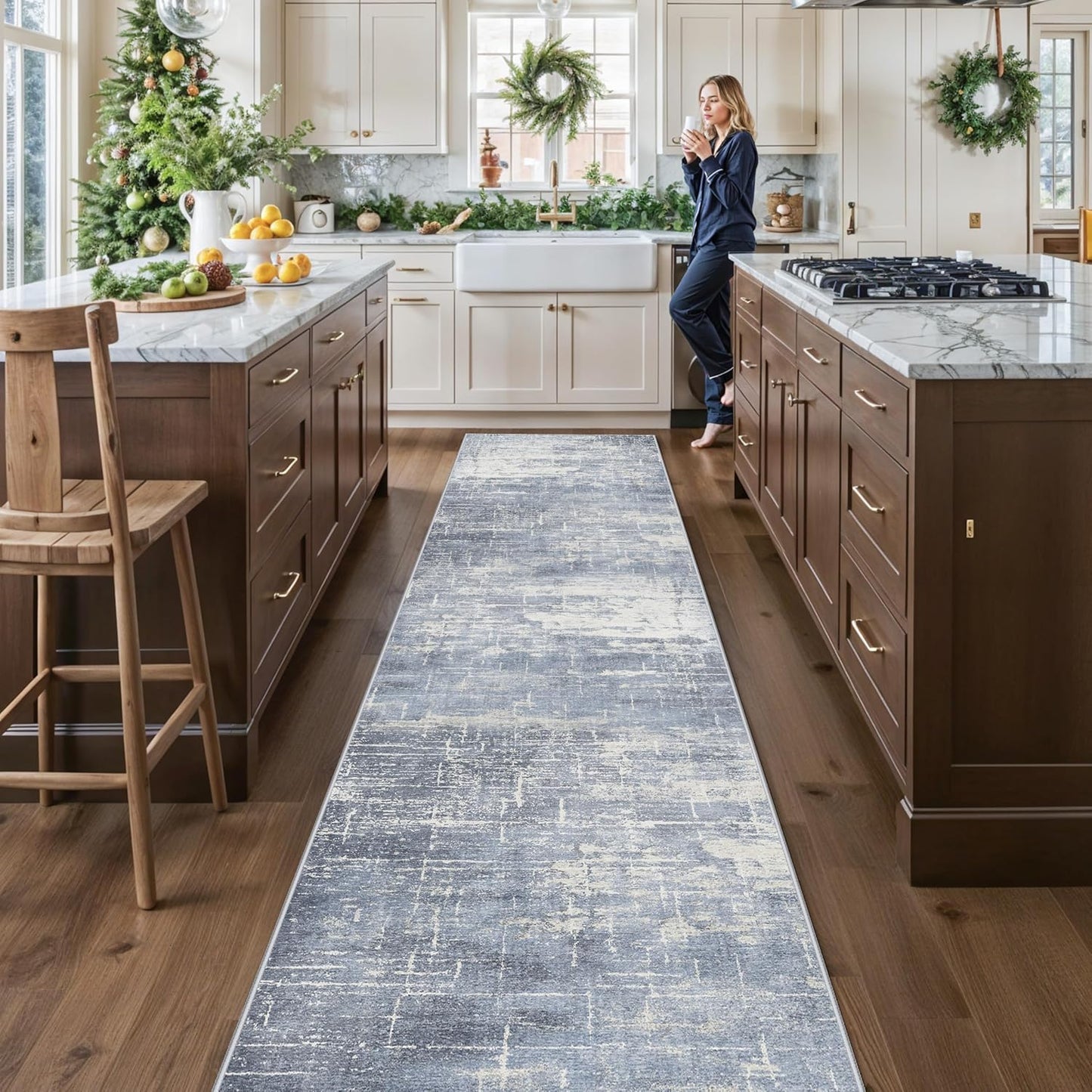 Skiennix Washable Abstract 14ft Runner Rug - Non-Slip Low-Pile Soft Carpet for Entryway | Blue/Ivory