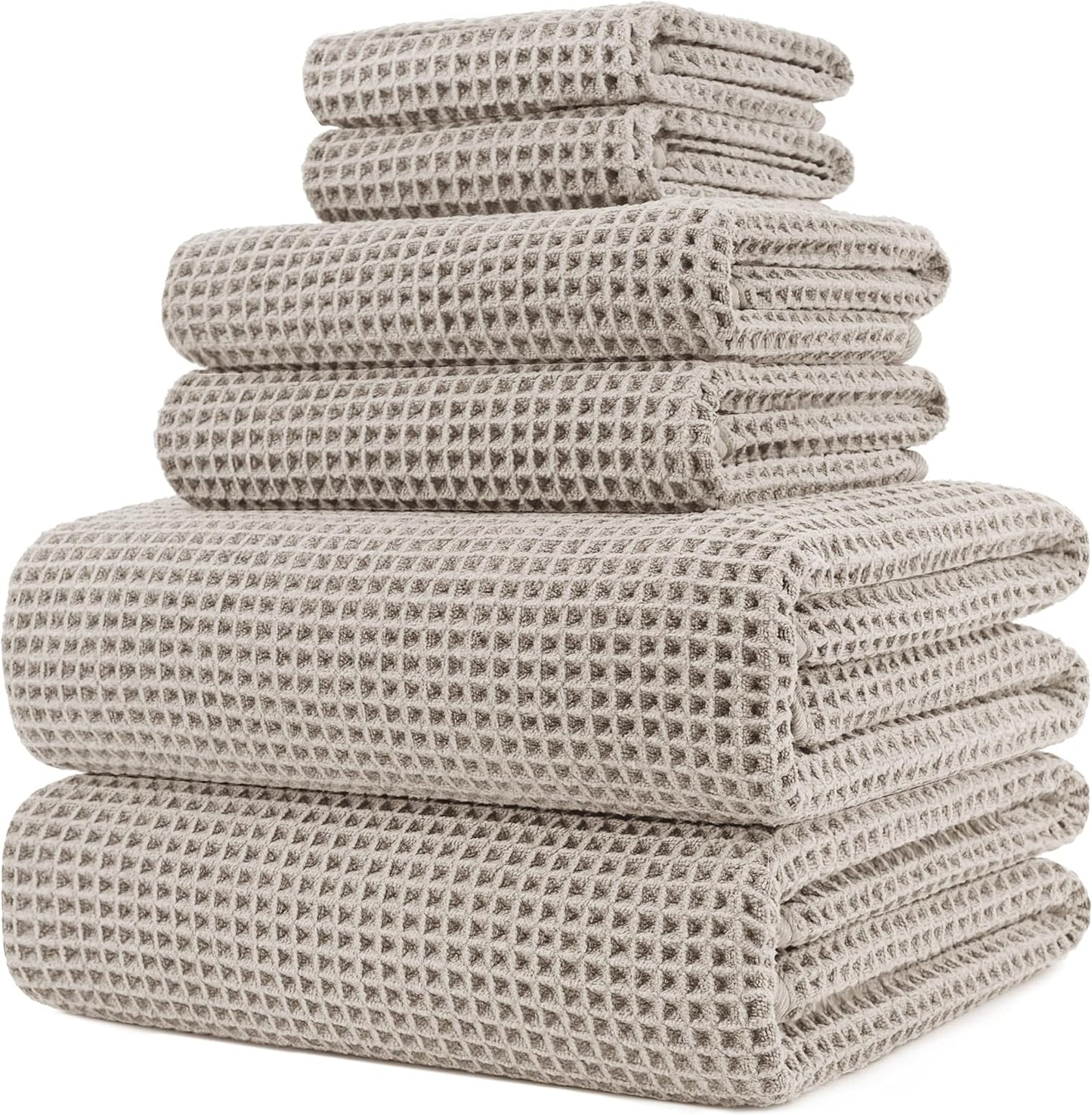 POLYTE Microfiber Bath Towel Set - Quick Dry, Lint-Free, Oversized, 6 Pieces | Waffle Weave Design
