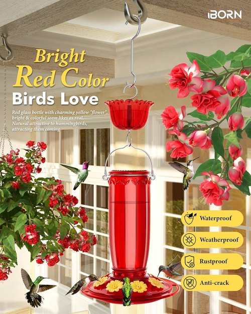 iBorn Hummingbird Feeder - 8-Port Glass Design with Ant Moat | 16oz Capacity, Yellow Flowers & Red Glass