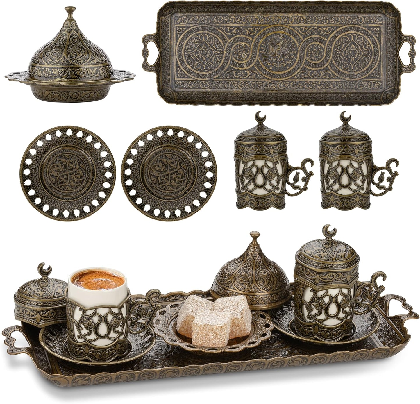 Alisveristime Ottoman Turkish Greek Arabic Espresso Coffee Cups with Saucer and Lid (Set of 2) (Hilal) (Silver)