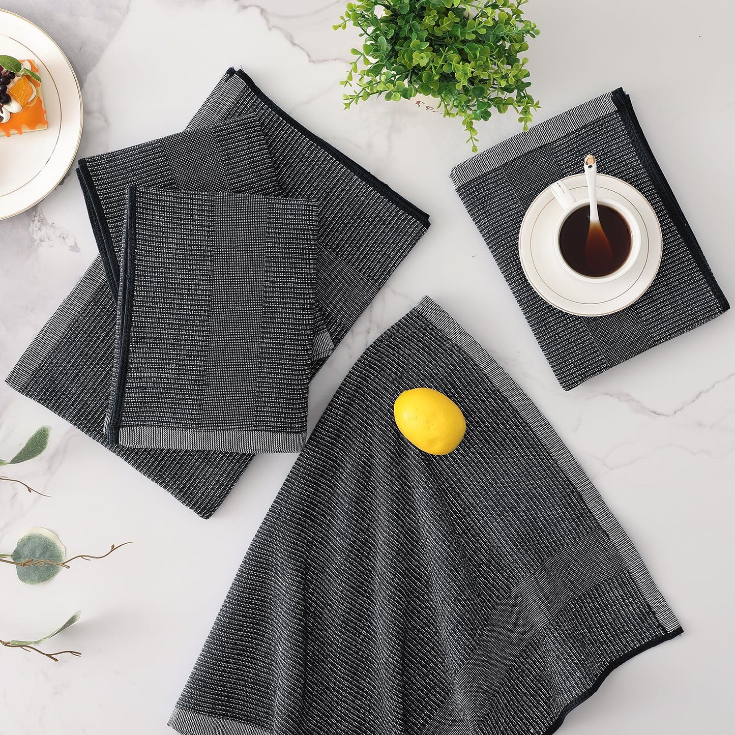Mordimy Premium Kitchen Towels 6 Pack (18 x 28 Inches, Black), Large Cotton Kitchen Hand Towel, Flat & Terry Dish Towels for Drying Dishes, Super Absorbent Tea Dishtowels Set with Hanging Loop