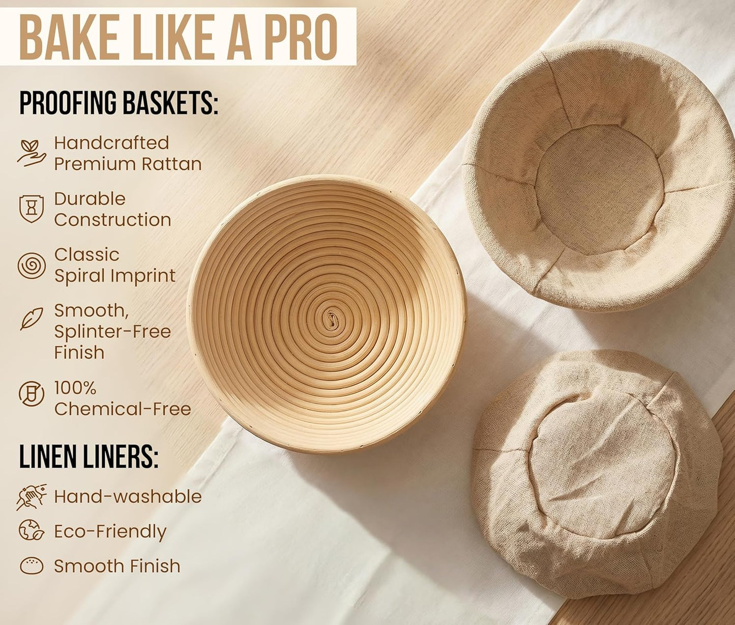 Kook Banneton Bread Proofing Basket Set - 12 Piece Artisan Sourdough Kit with Liners & Scrapers | 9 Inch Round Natural Rattan