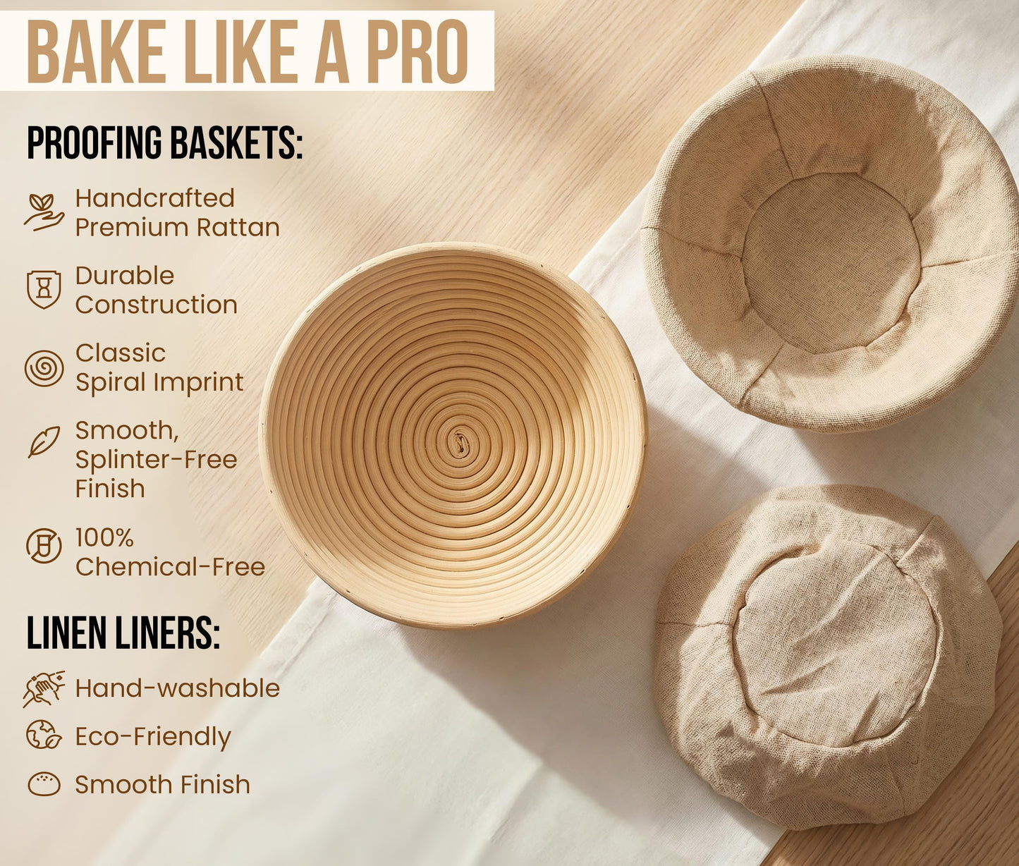 Kook Banneton Bread Proofing Basket 9 Inch - Complete 12 Piece Sourdough Basket Kit with Liners and Scrapers - Natural Rattan for Artisan Bread Making - Set of 2 Round