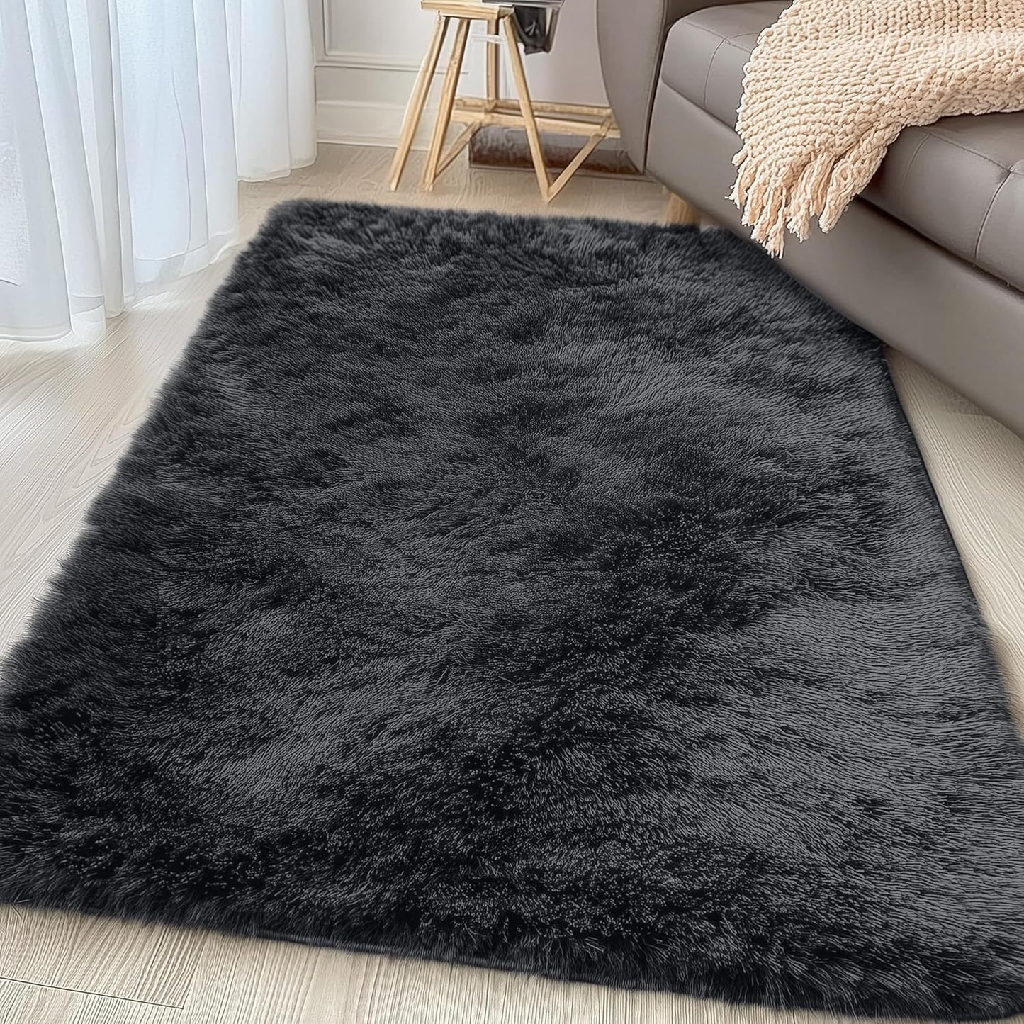 OLANLY 4x4 Soft Fluffy Shaggy Accent Rug - Machine Washable Area Rug for Bedroom & Living Room | Black