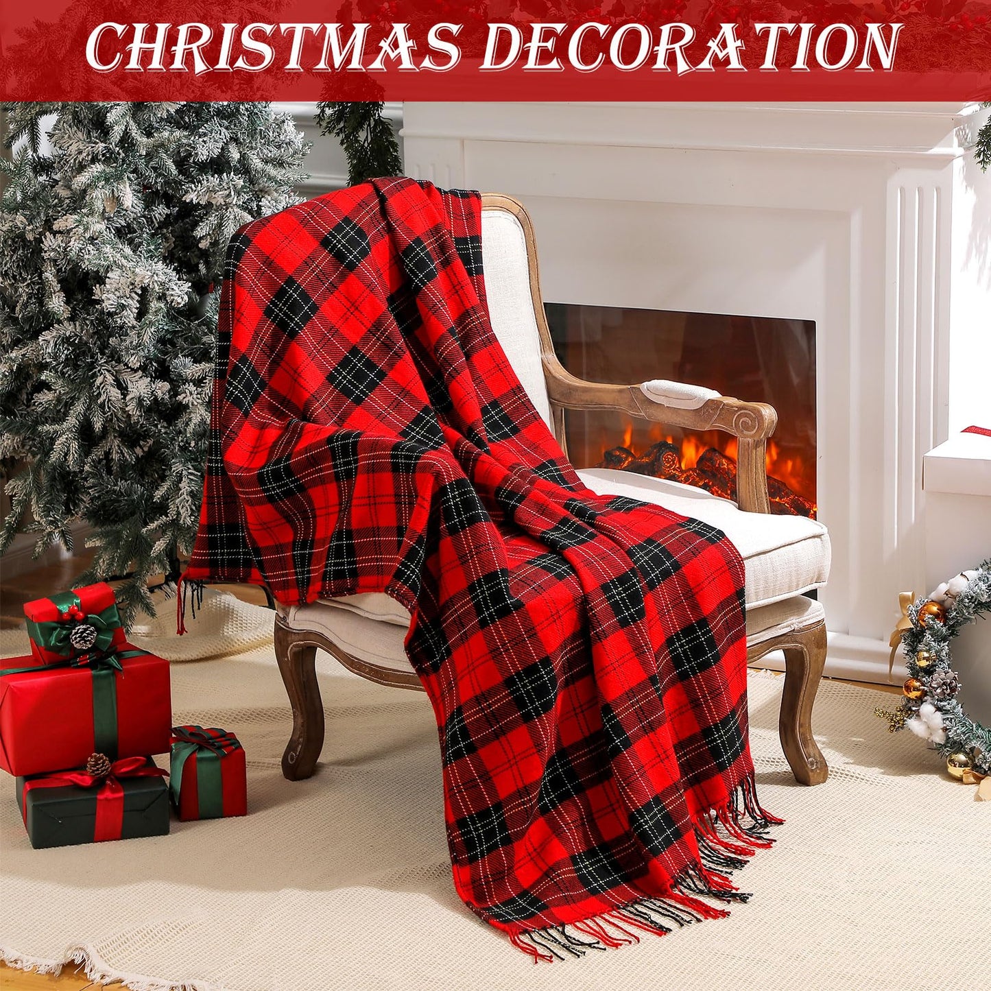 Peryiter 6 Pcs Christmas Red Plaid Throw Blanket Bulk with Tassel 50 x 67 Soft Warm Tartan Chenille Throw Fringe Blankets for Bed Couch Sofa Home Office Xmas Decor Gifts Travel Camping for All Season