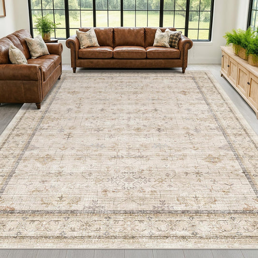 Washabel Ivory Modern Rug - 9x12 Low Pile Floral Carpet for Living Room & Dining Room | Neutral Beige Vintage Décor