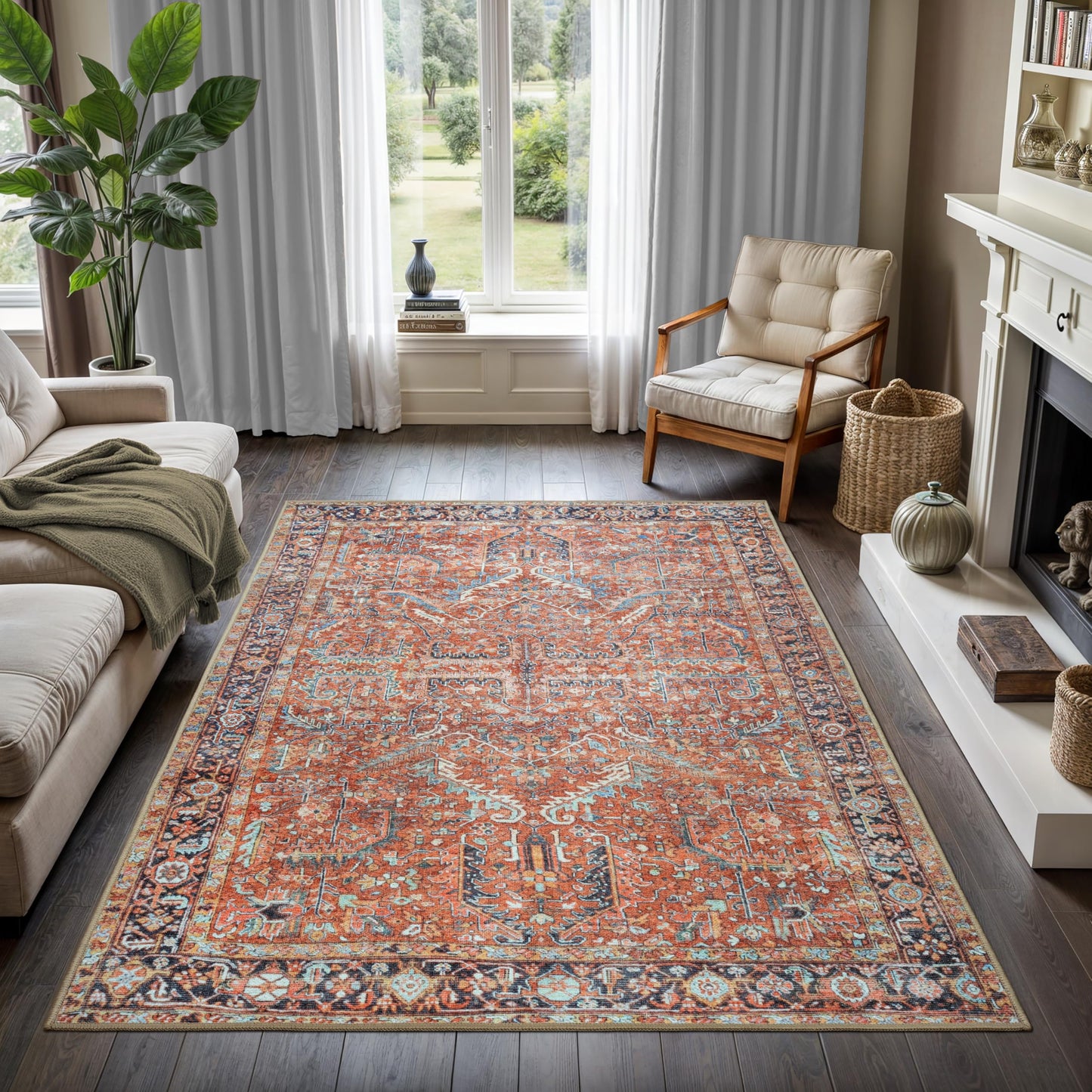 GLN Traditional Collection - Machine Washable Area Rug, Non Slip, Low Pile Chenille Living Room, Bedroom & Kitchen Rug (3'x5' Terra Cotta)