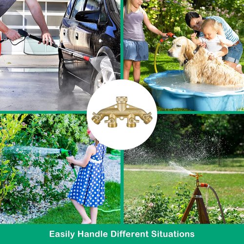 Hourleey Brass Garden Hose Splitter - 4-Way Solid Brass Connector with 4 Valves & Extra Washers