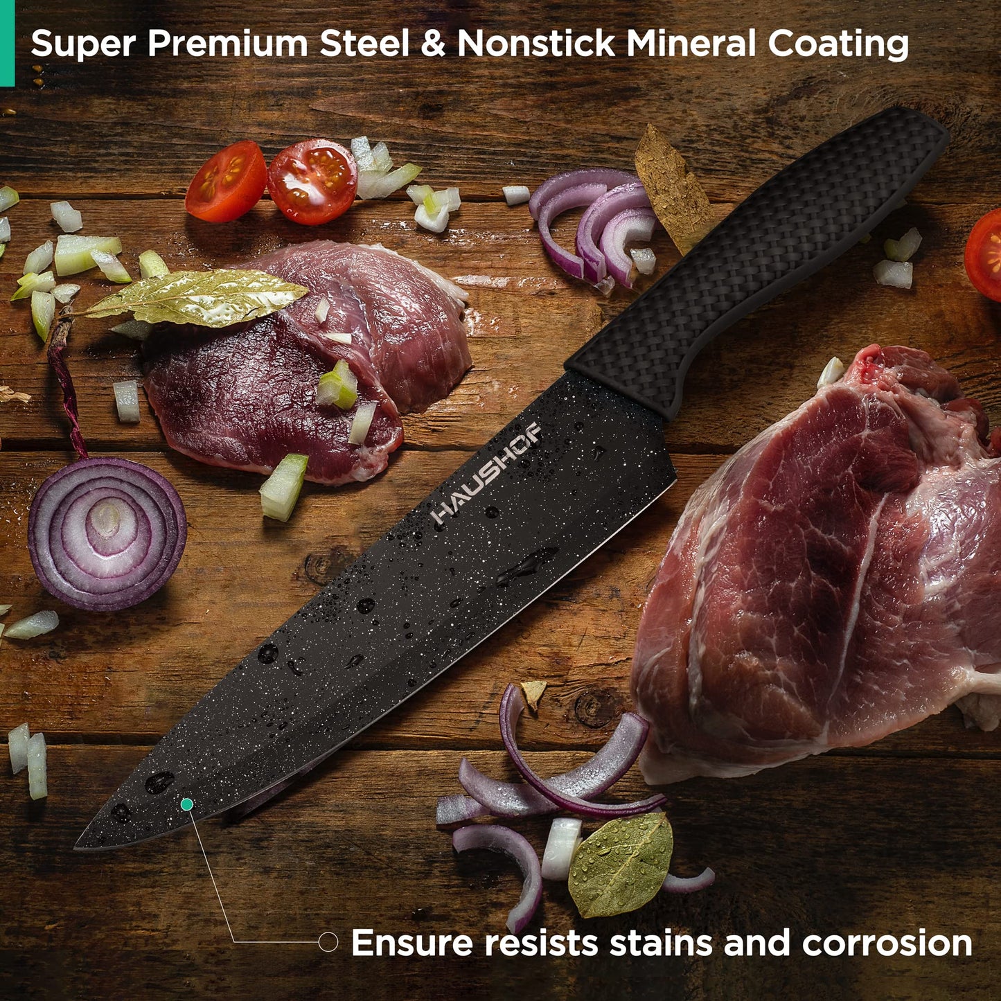 HAUSHOF Kitchen Knife Set, 5 PCS Knife Sets with Arcylic Block, Teflon Coated Black Knives Set for Kitchen, Premium Stainless Steel Knives Set with Ergonomic Handle, Great for Slicing, Dicing&Cutting
