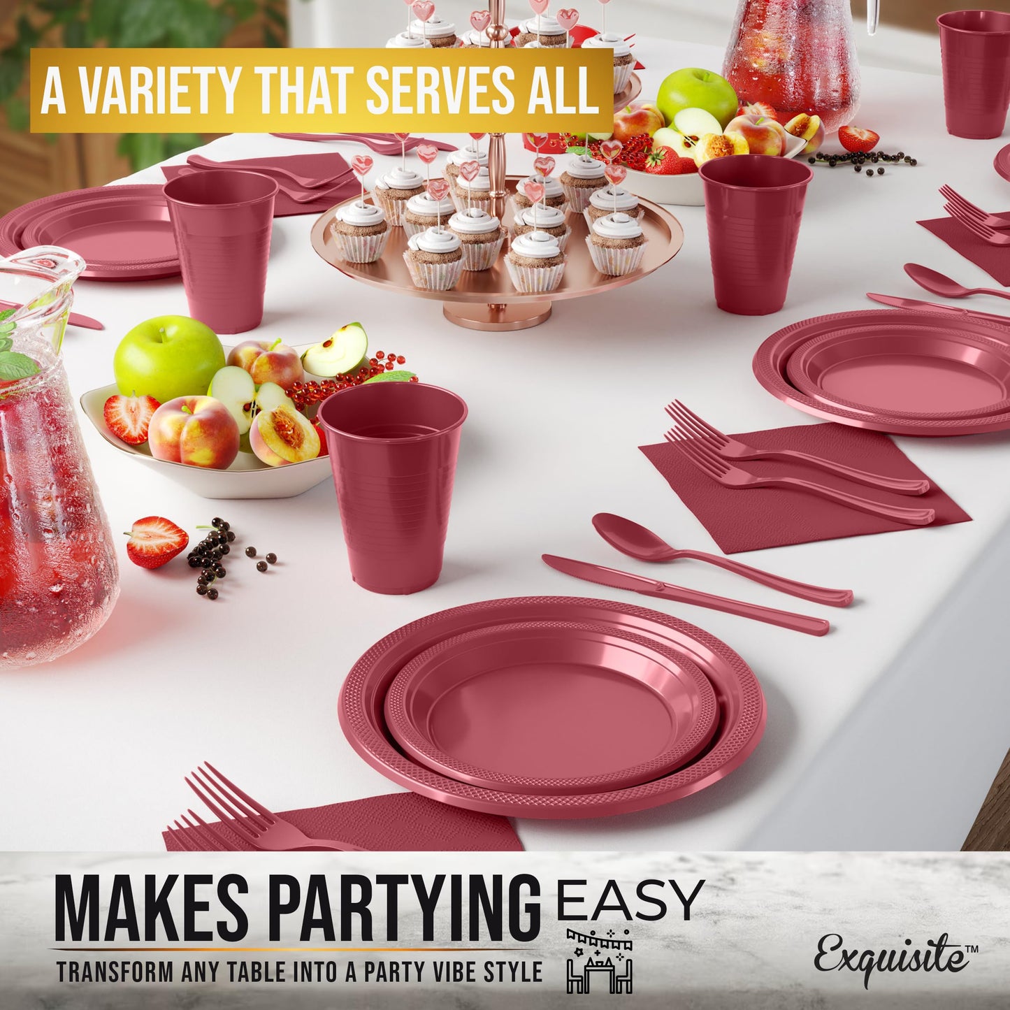 350 Pcs Burgundy Plastic Plates For Party, Burgundy Disposable Plates Set, 50 Of Each 9" Dinner Plate Set, 7" Dessert Plate, Cups, Napkins & Cutlery Plastic Dinnerware Set Exquisite