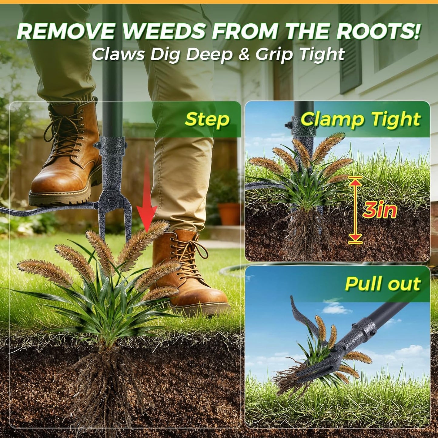 Stand Up Weed Puller by [Brand Name] - 46" Adjustable Steel Handle & 4-Claw Head for Effortless Weeding