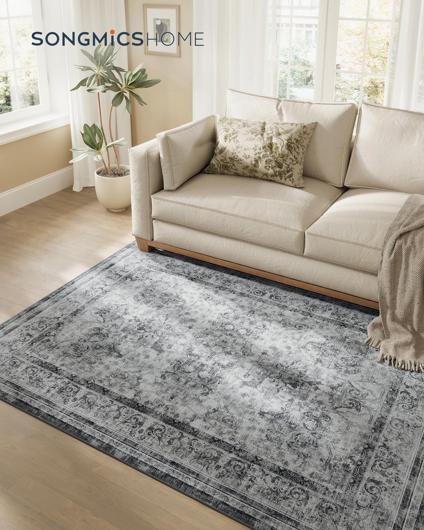 SONGMICS HOME Area Rug, 5x7 ft Living Room Rug, Non-Slip Carpet, Farmhouse Style Rug, Home Decor, for Bedroom, Kitchen, Entryway, Dining Room, Machine Washable, Dove Gray UTAR085G01