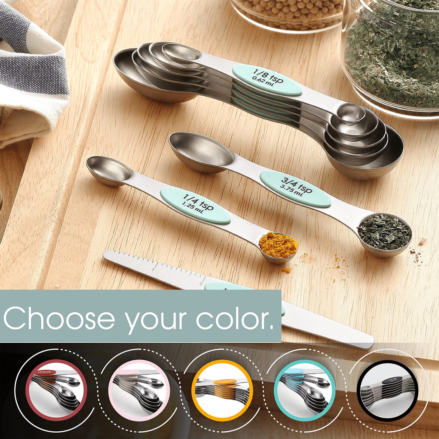 Spring Chef Stainless Steel Magnetic Measuring Spoons Set of 8 with Leveler, Metal Teaspoon & Tablespoon Measuring Spoons, Fits in Spice Jars, Kitchen Gadgets for Baking & Cooking - Set of 2 - Mint