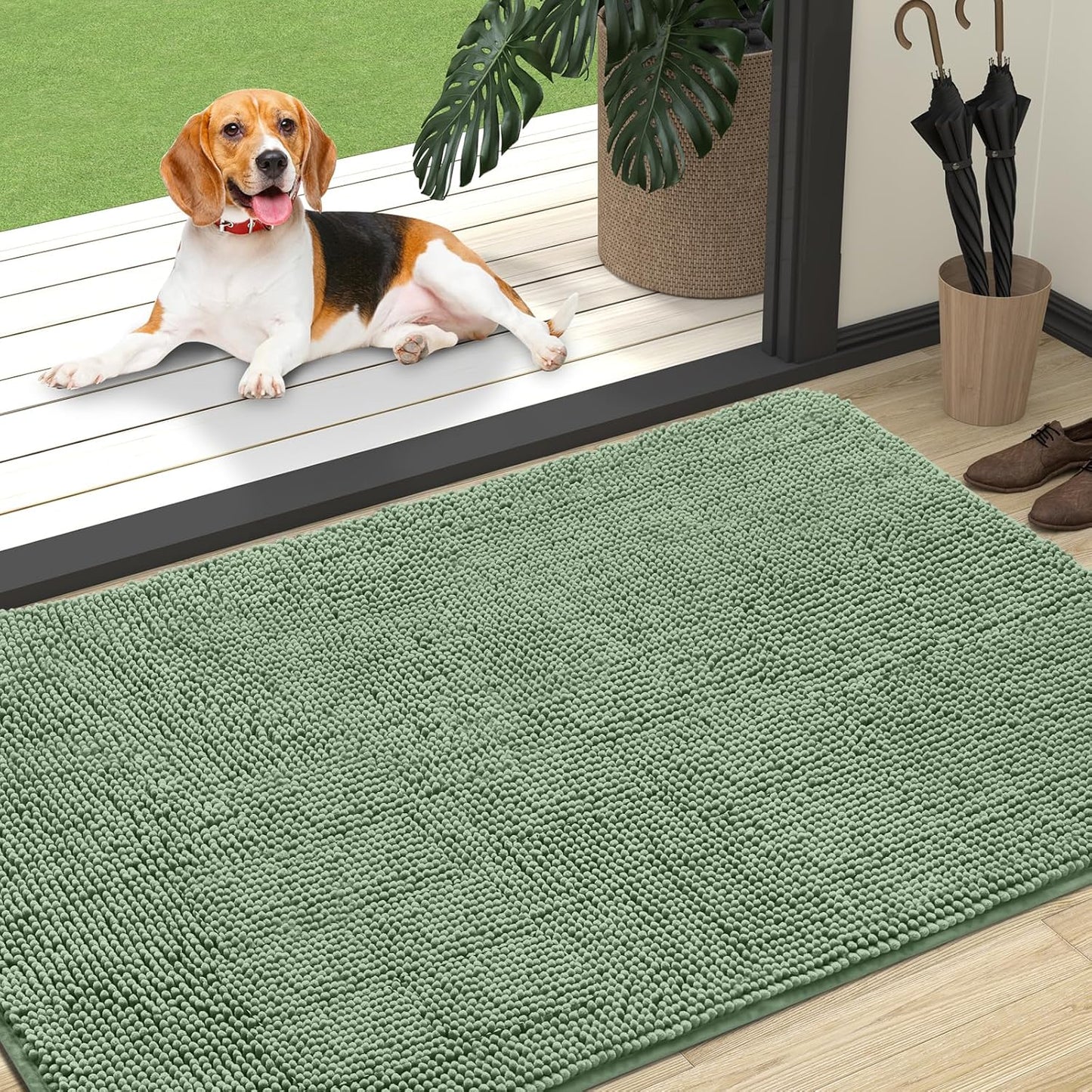 OLANLY Dog Door Mat - Absorbent Non-Slip Washable Doormat for Muddy Paws | 47x32 Inches, Olive Green