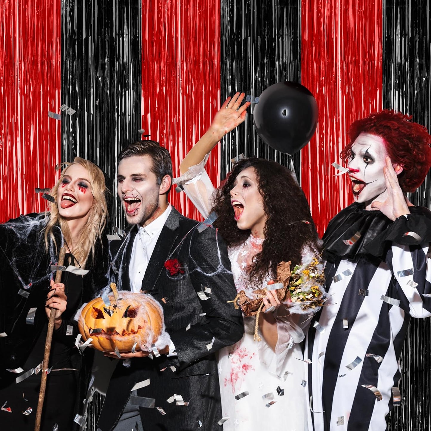 Regine Switzerland 4 Pack Halloween Wall Backdrop - Red & Black Metallic Tinsel Curtains | 3.28 FT x 7.05 FT