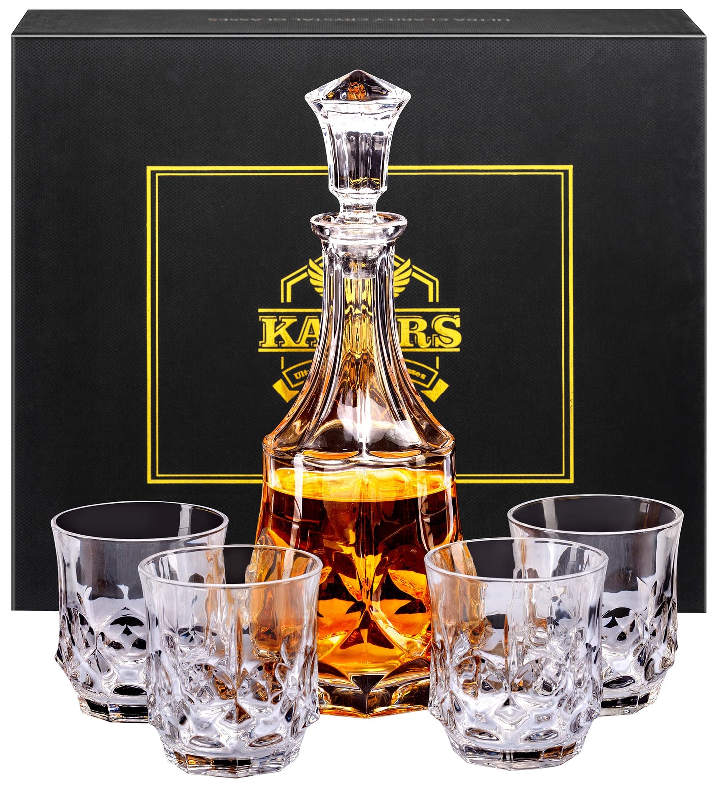 KANARS Whiskey Decanter Sets for Men, 25 Oz Liquor Decanter with 10 Oz Crystal Glasses in Luxury Box for Bourbon Scotch Rum Tequila Vodka, Whisky Gifts for Birthday New Year Father's Day