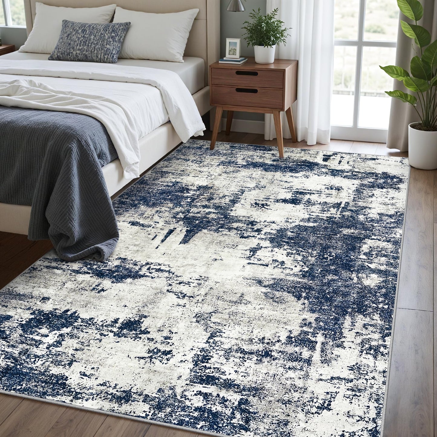 Area Rug Living Room Rugs: 5x7 Washable Rug with Anti-Slip Backing Non-Shedding Stain-Resistant Foldable Modern Abstract Carpet for Bedroom Dining Room Nursery Home Office - Gray/Blue