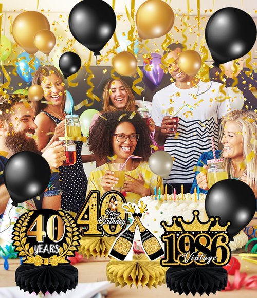 9 Pcs 40th Birthday Decoration for Men Women Happy 40th Birthday Table Decorations Cheers to 40th Honeycomb Centerpieces Birthday Party Decorations Black and Gold 40th Birthday Party Favors
