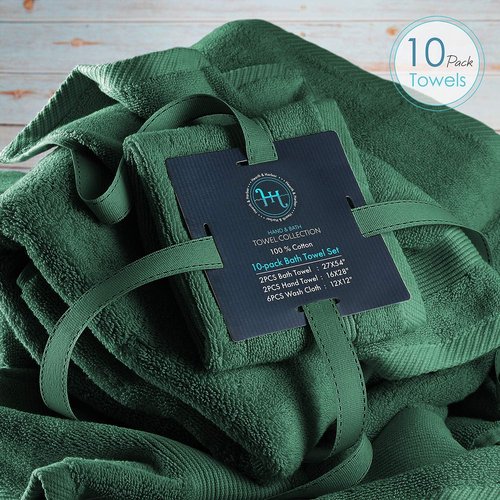 Hearth & Harbor Bath Towels - Ultra Soft 100% Ring Spun Cotton Set of 10 | Highly Absorbent - Hunter Green
