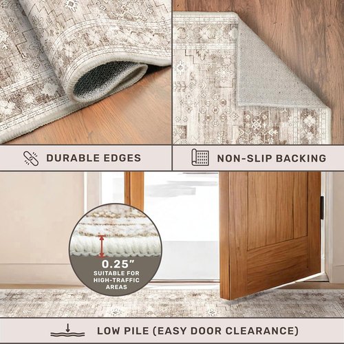 Farmhouse Large Entryway Rug by Washable | Non-Slip, Stain Resistant, 3x5 Beige/Latte for Kitchen & Bedroom