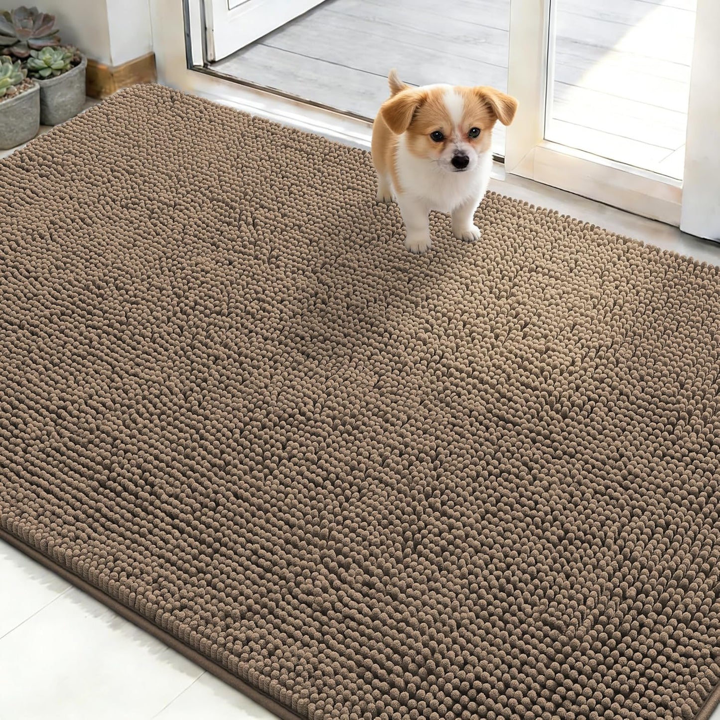 OLANLY Dog Door Mat - Absorbent Non-Slip Chenille for Muddy Paws | 48x30 Tan Indoor Entryway Carpet