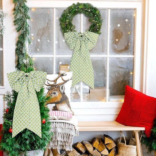 HunnmingRe Christmas Wreath Sash - 2 Pcs Green Block Print Bow | 24 x 16 Inch Indoor/Outdoor Decor