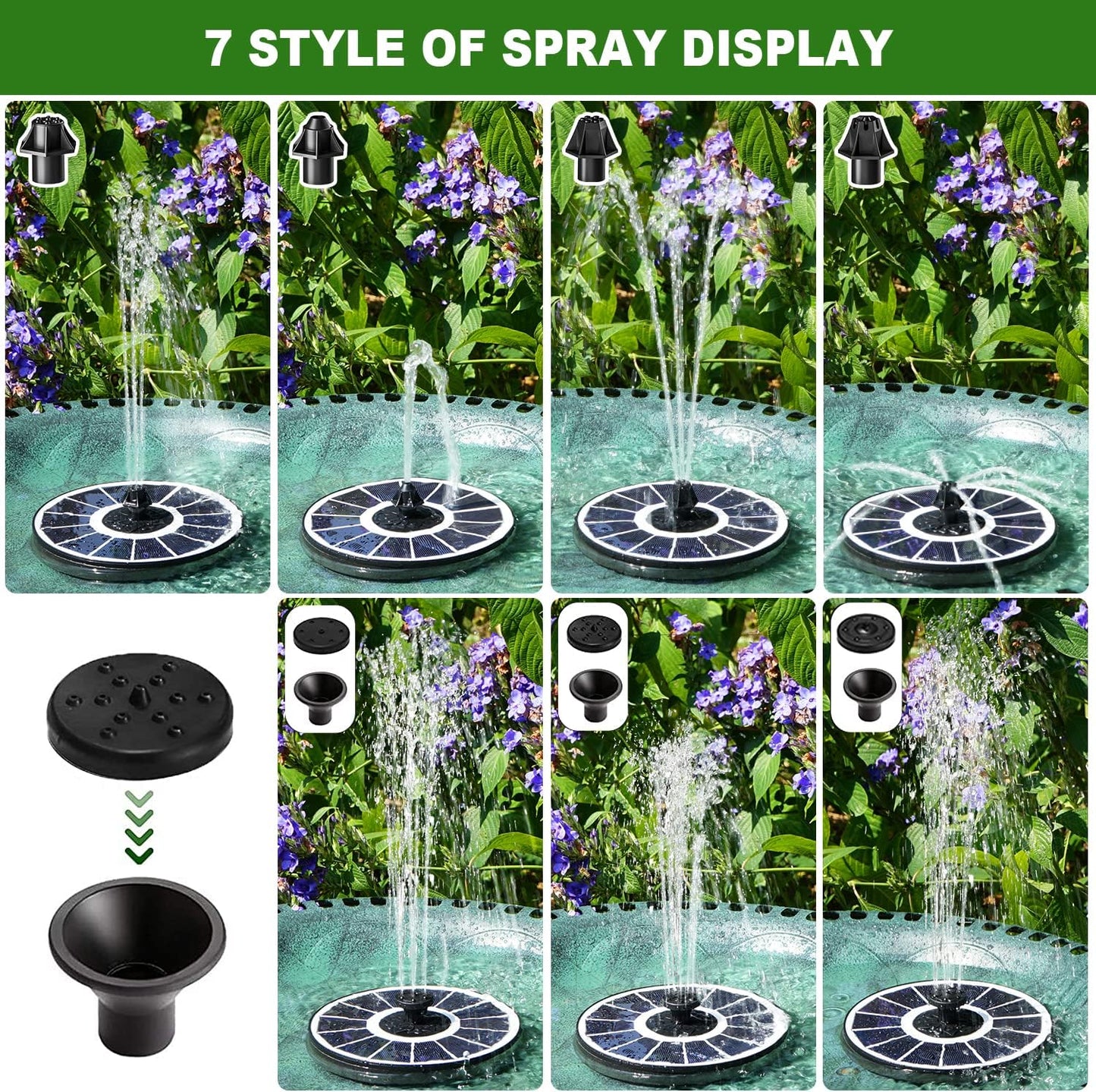 Yzert Solar Fountain - 2000 mAh Battery Backup for Bird Baths | 7 Nozzles, 3.5W Pump, White
