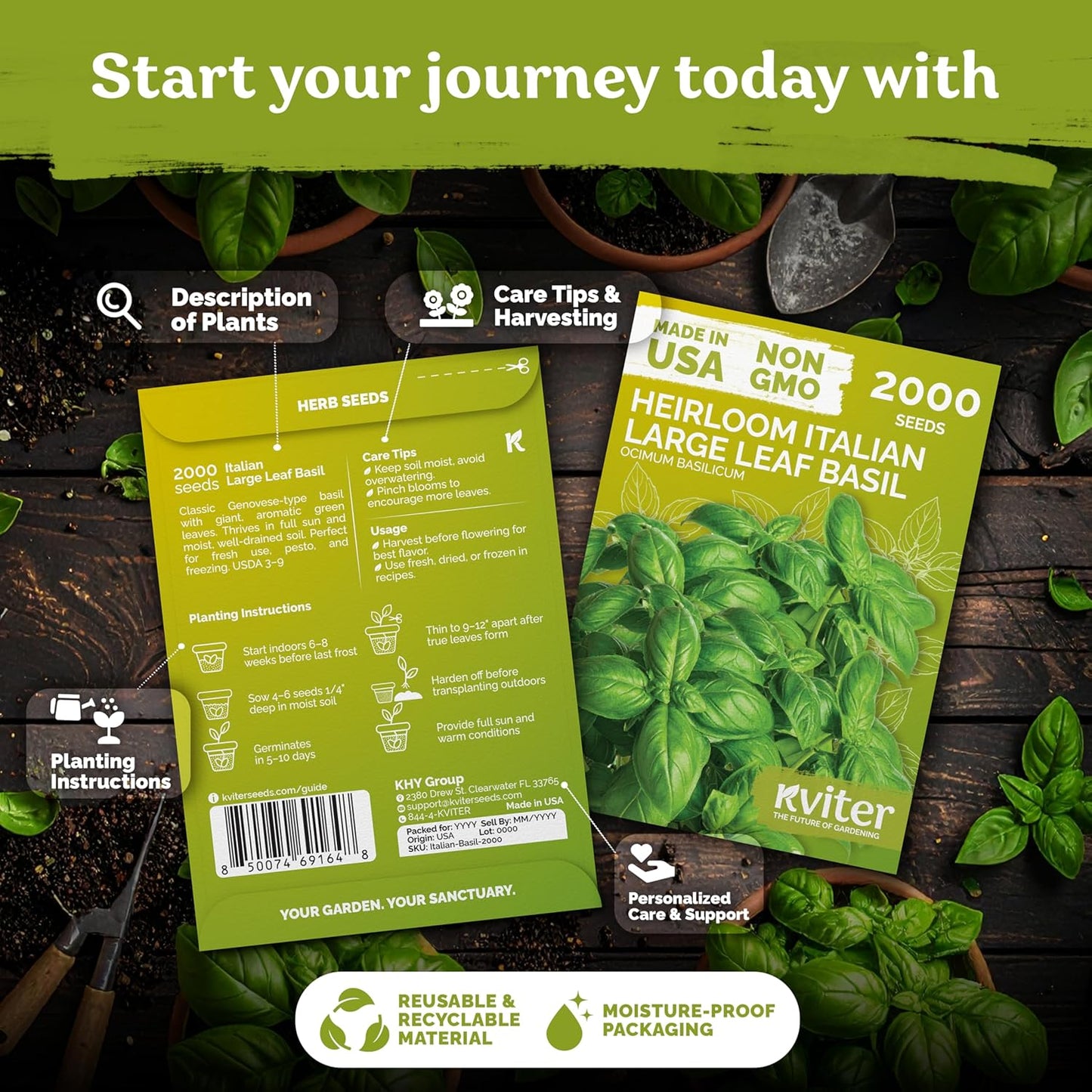 KVITER 2000 Italian Basil Seeds - Sweet Genovese Heirloom & Non-GMO for Indoor/Outdoor Gardens