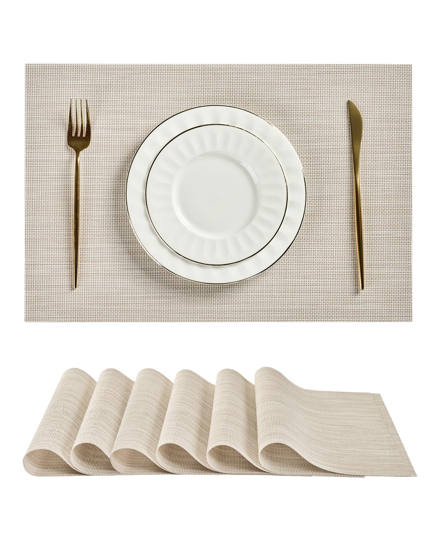 Leetaltree Beige White Placemats Set of 6 - Heat Resistant Non-Slip Place mats for Dining Table, Washable Durable PVC Vinyl Woven Table Mats(Beige White, 6)