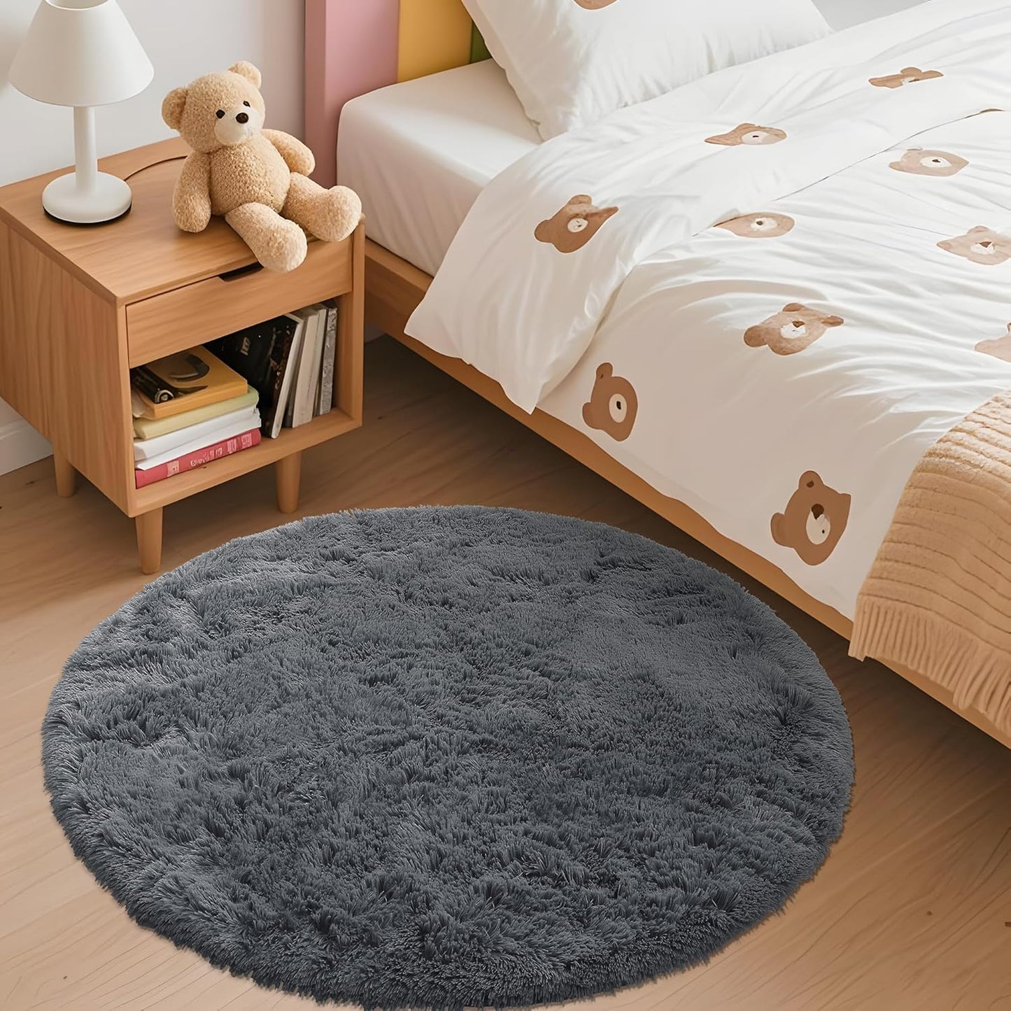 OLANLY Grey Round Area Rug - Soft & Fluffy Machine Washable 3 ft Circle Carpet for Bedroom & Living Room Decor