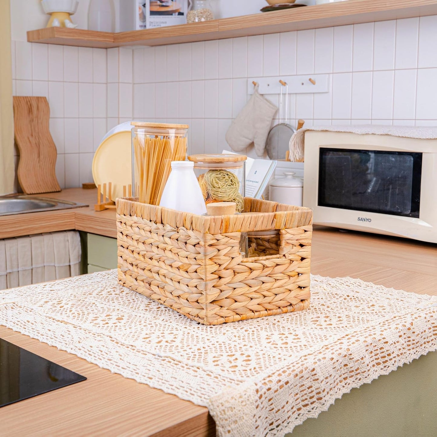 M4DECOR Water Hyacinth Storage Baskets - Handwoven Wicker Organizing Baskets for Shelves | Set of 6 (2 Sizes)