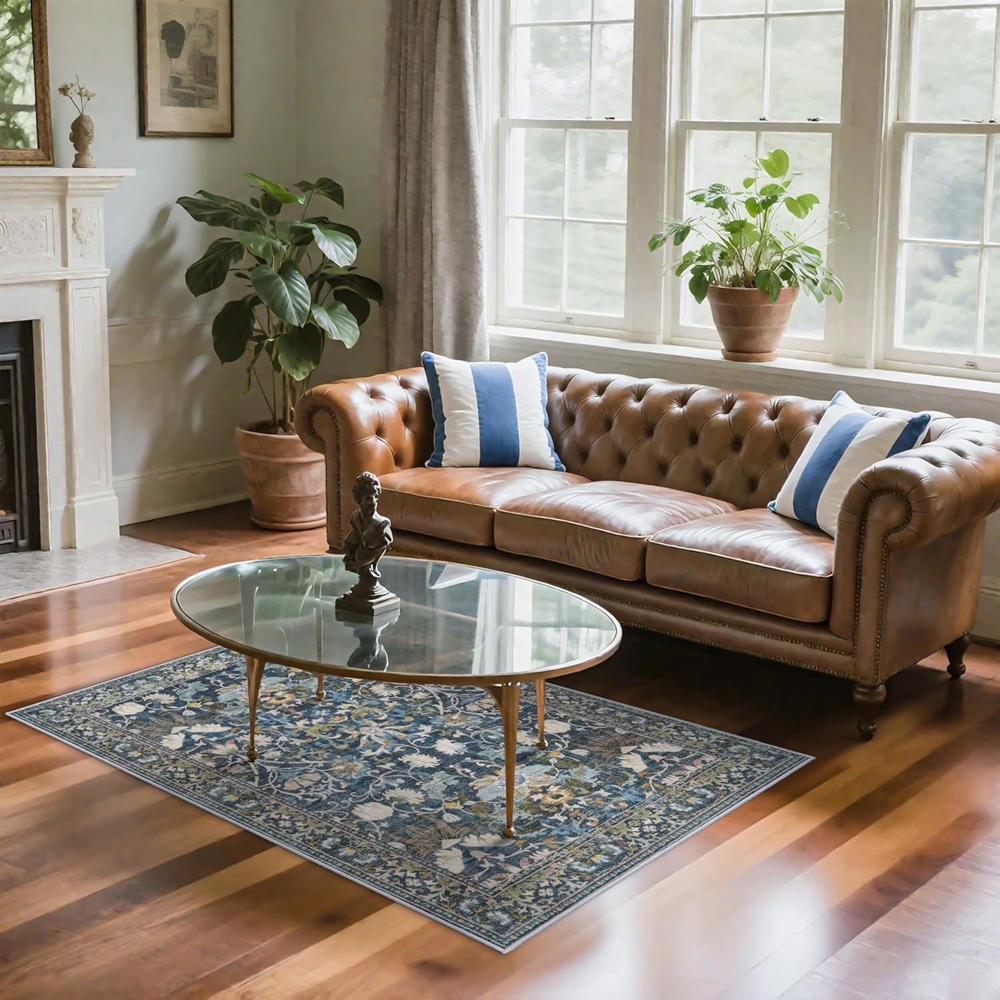 Skiennix Washable 3x5 Area Rug - Ultra Soft Low Pile Carpet for Indoor Use | Floral Blue Design