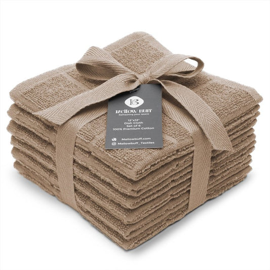 Mellow Buff 100% Cotton Terry Dish Cloth & Dish Towel, 6 Pack, Super Soft and Absorbent Kitchen Towels, Perfect for Kitchen Cleaning and Dish Washing (TAN 6 Pack)