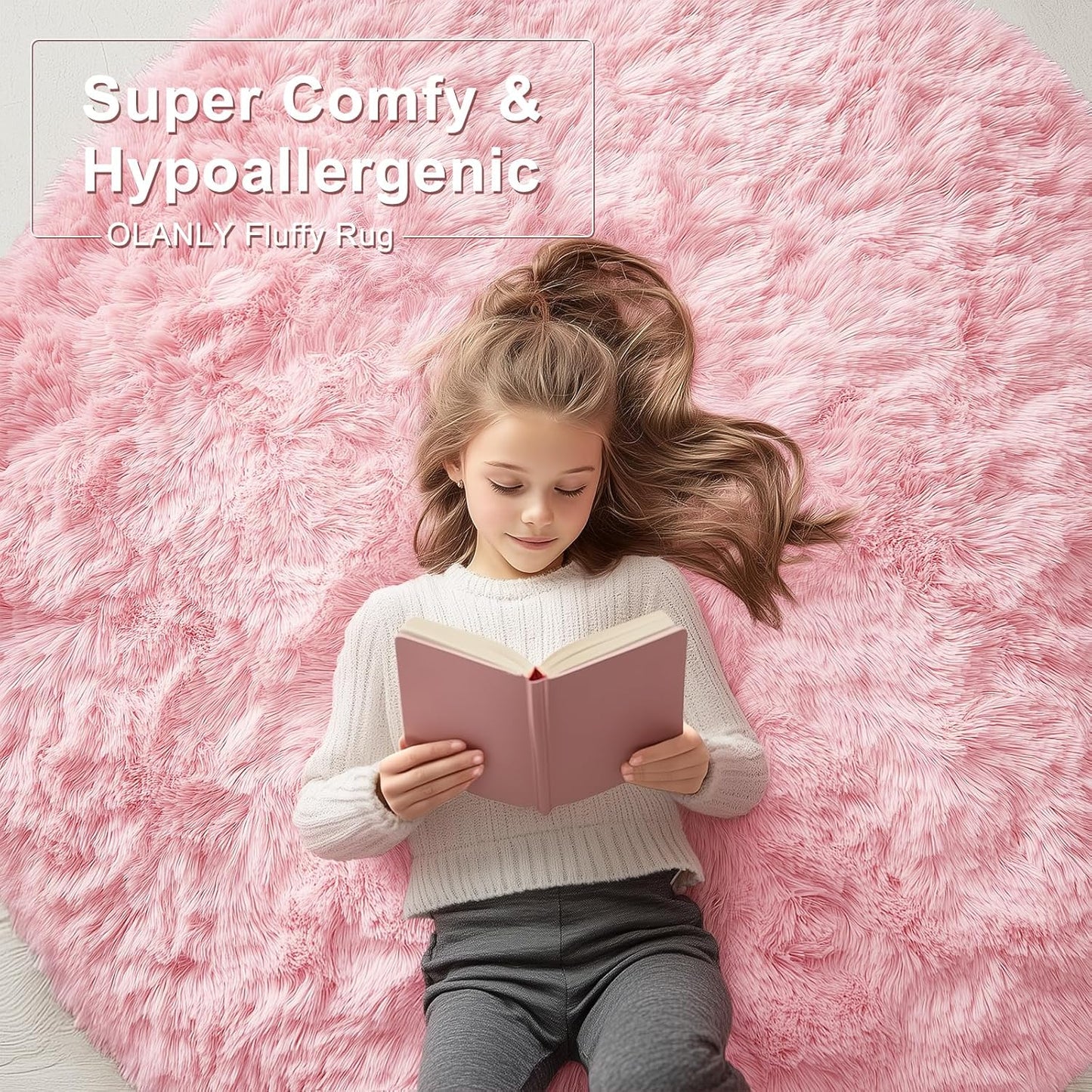 OLANLY Pink Round Rug - Soft & Fluffy Shaggy Carpet, 4 ft Circle Area Rug for Bedroom & Living Room
