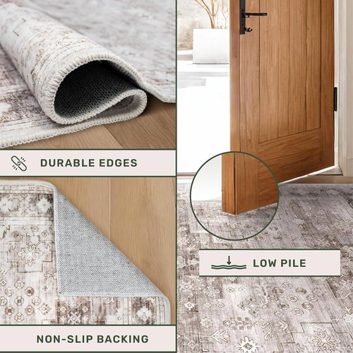 Hazo Haus Washable Beige Hallway Runner Rug - Non-Slip & Stain Resistant | 2'6"x8' Boho Floral Decor