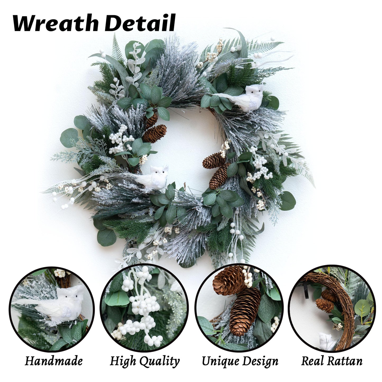 Pinkpuii Winter Wreaths for Front Door 24 Inch Snowy Flocked Christmas Wreath Artificial Green Olive Eucalyptus Wreath with Cute White Owl,Pine Cones,Cedar,White Berries for Indoor Outdor Decor
