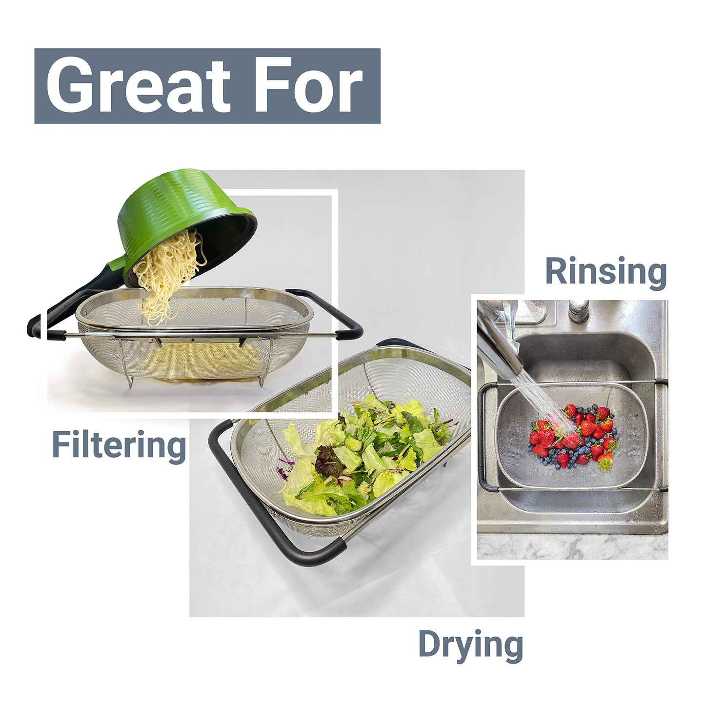 Makerstep Over the Sink Colander Strainer Basket Stainless Steel, For Kitchen Sink with Rubber Grip, Fine Mesh, Large Kitchen Gadgets Tools, Expandable Home Kitchen Essentials