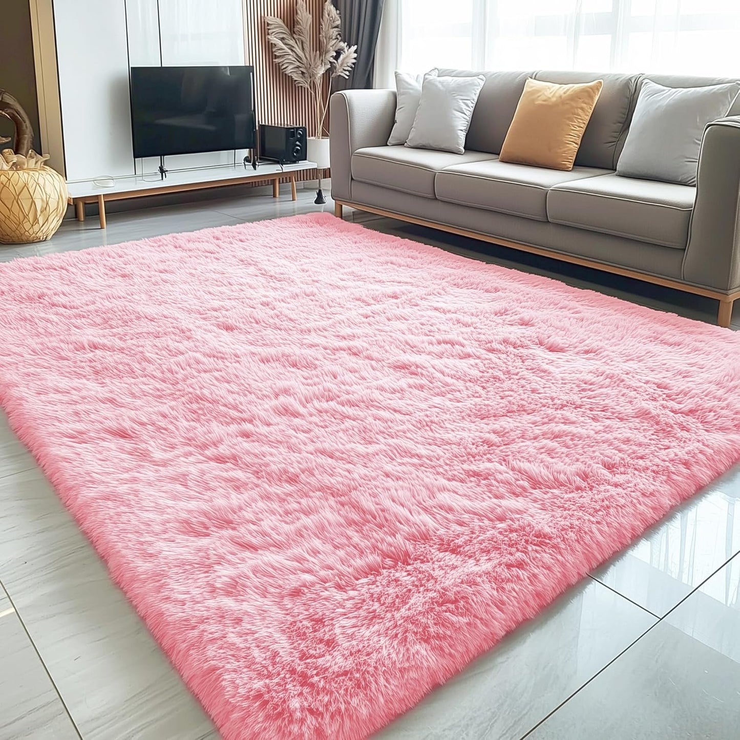 OLANLY Large 5x7 Machine Washable Area Rug - Soft Fluffy Shaggy Carpet for Living Room & Bedroom | Pink